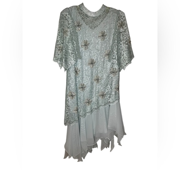 👗 Vintage Crest Fashions Lace Overlay Beaded Dress Light Blue XL 👗 - Picture 1 of 6
